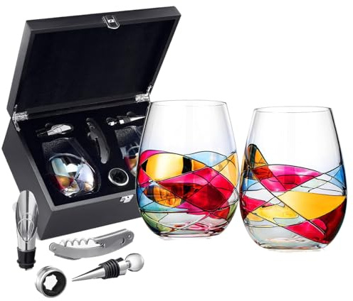 Artisanal Hand-Painted Stemless Wine Glasses & Accessories Set with Gift Box – Mother’s Day, Wife, Friends, or Girlfriend – Romantic Stained Glass Windows – Birthday or Housewarming Gift Idea