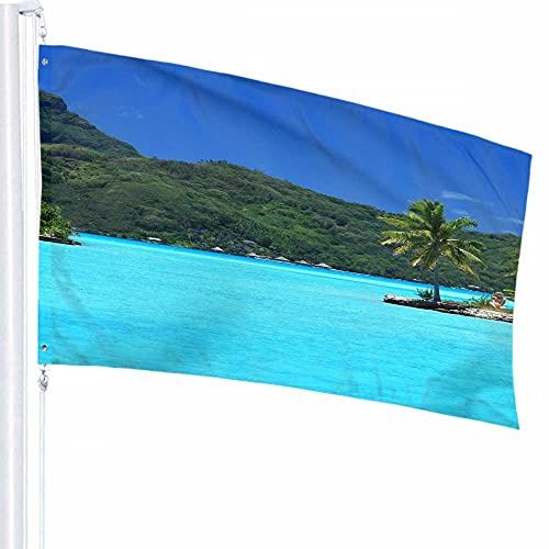 Drapeau de l'île Décor 0,9 x 1,5 m Tropical Palmiers Montagne Océan Mer Ciel Ensoleillé Relax Nature Pelouse Nuage Polyester Imprimé Motif Décoration d'extérieur pour Maisons et Jardins