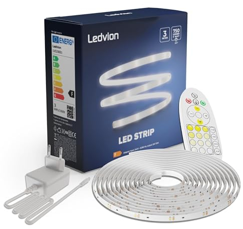 Ledvion Dimmbarer LED-Streifen 3M, 3000K-6500K, 24V, 9W, Plug & Play, Inkl. Fernbedienung, Einstellbare Farbtemperatur, 60 LEDs/m, 20cm, 2 Jahre Garantie, Ohne 2 AAA-Batterien