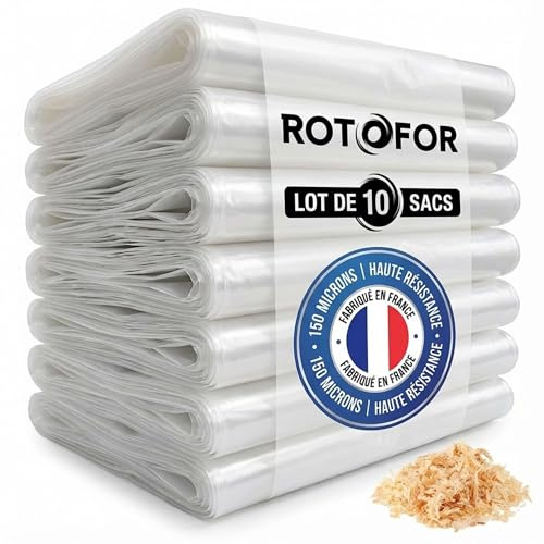 10 sacs Rotofor de récupération à copeaux et poussières de bois en plastique - Résistants - Transparents - Fabrication française - D. 650 MM X L. 1400 MM X ÉP. 200 MICRONS