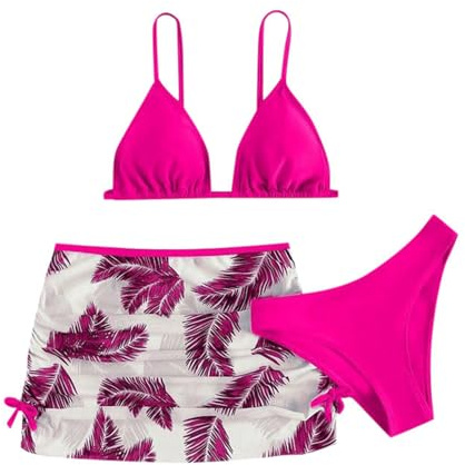 Costumi da Bagno Ragazza 3 Pezzi Bikini Tuta Camisole Top con Coprire Pantaloncini da Spiaggia Bambini Nuoto Costume Gonna Stampata Surf Costumi da Bagno 8-15 Anni (Z-Hot Pink, 13-14 Years)