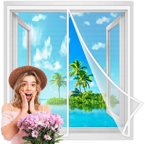 Magnet Fliegengitter Fenster 180x205 cm, Automatisches Schließen, Insektenschutz Klebemontage Ohne Bohren, für BalkonFenster KellerFenster Patio Weiß Verstärkte