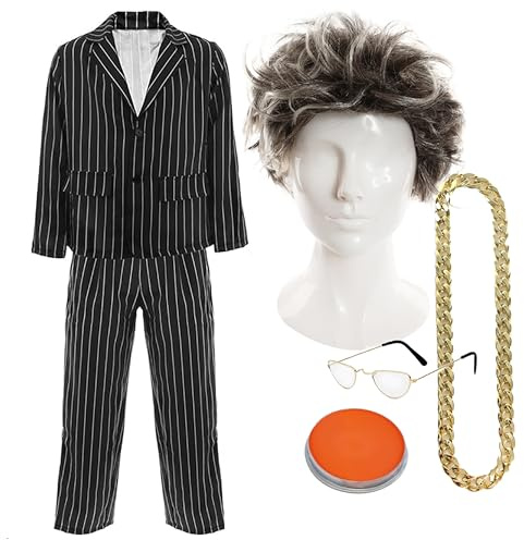 Adults Antique Dealer Costume - Pinstripe Suit, Grey Wig, Half-Moon Glasses, Gold Necklace, Orange Facepaint - Adults TV Presenter Fancy Dress Costume