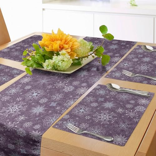 ABAKUHAUS Schneeflocke Tischläufer & 4 Stück Tischsets, Weihnachten Blumen, Set für die Tischdekoration, 40 cm x 180 cm, Lavendel Violett