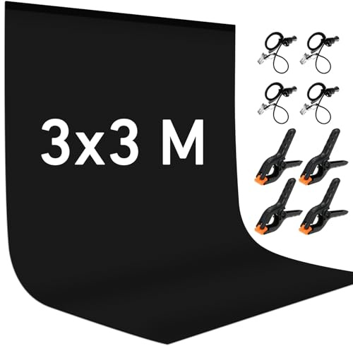 YZNT 3x3m Black Photo Backdrop, 100% Polyester Photo Backdrop Washable with 4 Clamps & 4 Side Clips, Ideal for Live Streaming, Portrait Shooting, Product Photography, and Video