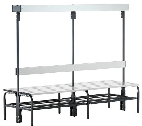 Sypro Umkleidebank für Nassräume mit Rückenlehne | Doppelseitig | Aluminium | 3 Längen | Sitzhöhe 45 cm | Höhe Hakenleiste 165 cm | Sehr guter Sitzkomfort | Edelstahlgestell