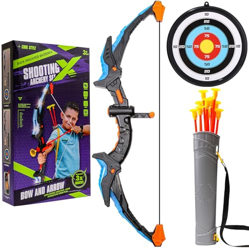 Arc et flèche pour Enfants, Jeu de Jouet à LED, 10 flèches avec ventouses, Objectif et charcon, Jouet d'entraînement intérieur et extérieur pour garçons et Filles (Bleu)