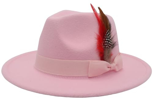 DELIMALI Women Men Retro Fedora Feather Decor Hat Wide Brim Wool Felt Cap Jazz Hat Panama Floppy Elegant Hat Party Wedding (A-Pink, ONE Size)