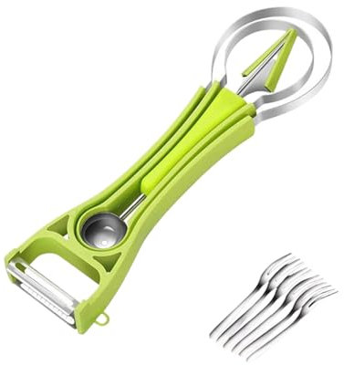 tuwiwol 7X Paletta Multifunzionale per meloni 6 in 1 per Tagliare con precisione la Frutta, Paletta per meloni, Paletta per Frutta e scavino per Mango, Verde