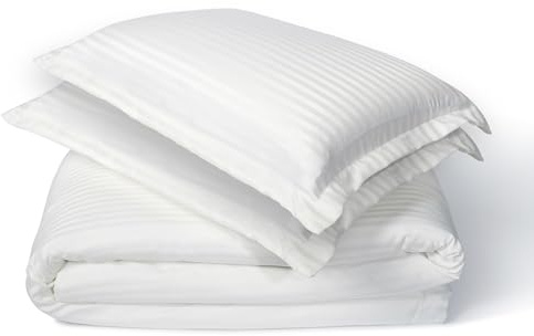 Richbond Housse de Couette 160x220 (lit 1 Place) Satinée Rayée + 1 Taie d'oreiller 70x50 - Microfibre Polyester Doublement Brossée - Antiacariens, Entretien Facile - Oeko-TEX - Blanc Brillant