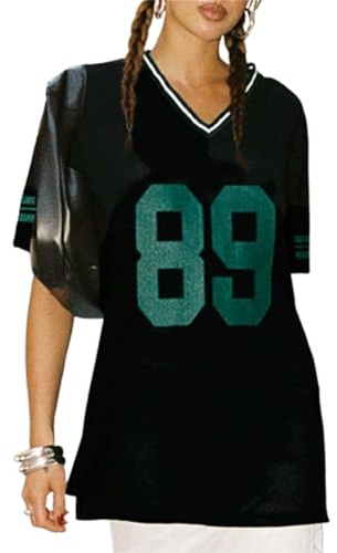 Y2k T-shirt en jersey pour femme - T-shirt surdimensionné à motif de chiffres - Col en V - Manches courtes - Sport décontracté - Streetwear, b-noir, L