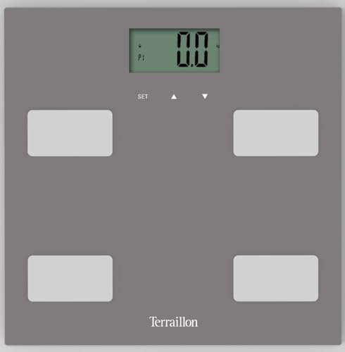 TERRAILLON - CONTROL FIT- Pèse personne électronique, Impédancemètre, Analyse des masses graisseuse, musculaire, hydrique, osseuse IMC, Capacité 160 kg, Plateau verre, Gris