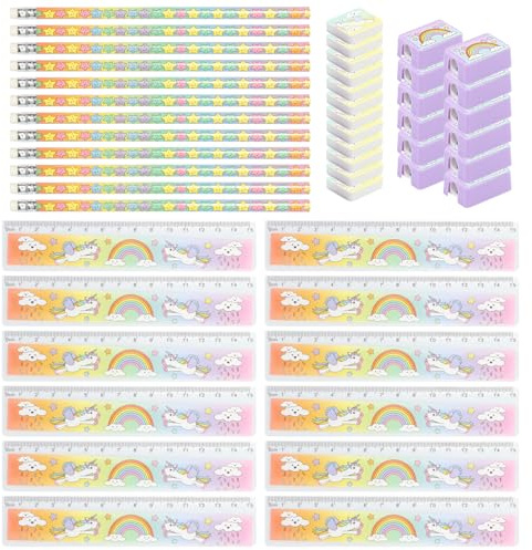 com-four® Set da Scrittura per Bambini da 48 Pezzi Unicorno - Materiale Scolastico con Matita, Righello, temperino e Gomma per 12 Bambini - bomboniere cancelleria (48 Pezzi - Unicorno)