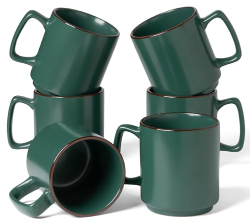 famiware Coffee Mugs Set of 6, Nebula 14oz Coffee Mugs, Ceramic Cup Set with Handle for Latte, Tea, Milk, Cappuccino, Cocoa, Dark Green