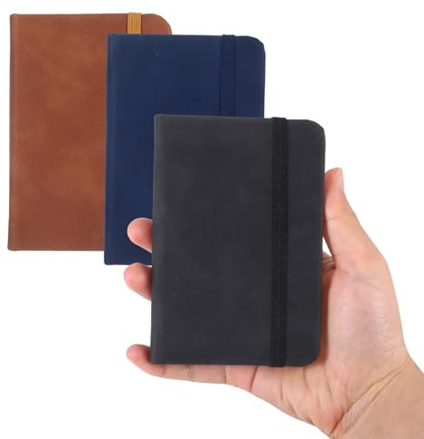 Chanumetal 3 stück Notizbuch A7, Notizbuch Klein mit 100 Blatt, 11 × 7,5 cm Pocket Notebook Klein, Hardcover Notizblock A7 Schwarz/Braun/Blau für Lernen, Büro, Tägliche Aufzeichnungen
