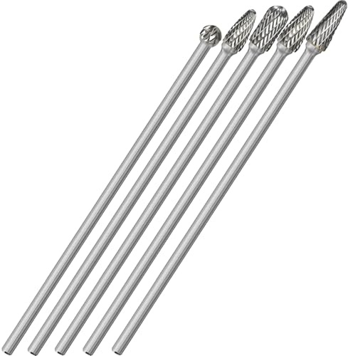 Sworker 5Pcs Long Carbide Burr Set 1/4 Shank Total L 6.2 Die Grinder Bits Rotary Rasp Attachment Cut Port Grind Metal Cast Iron Steel Aluminum Cylinder Head Engine Intake Exhaust Manifold Tight Area