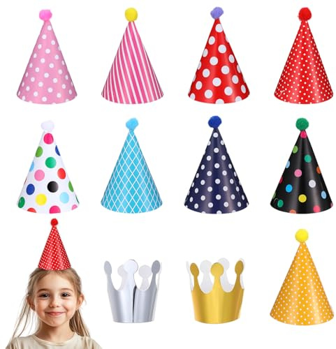 Ymapinc 11 cappelli per feste di compleanno, set di cappelli da festa include 2 corone di carta colorati mini cappelli di compleanno e 9 adorabili cappelli con pompon