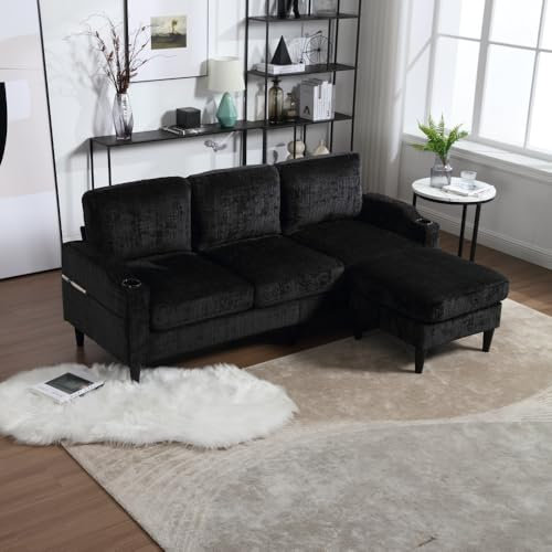 Zubaliya - Sofá elegante de 4 plazas con reposapiés y espacio de almacenamiento, reposabrazos cómodos, portavasos, bolsillos laterales y patas de plástico resistentes, tela de terciopelo (Negro)