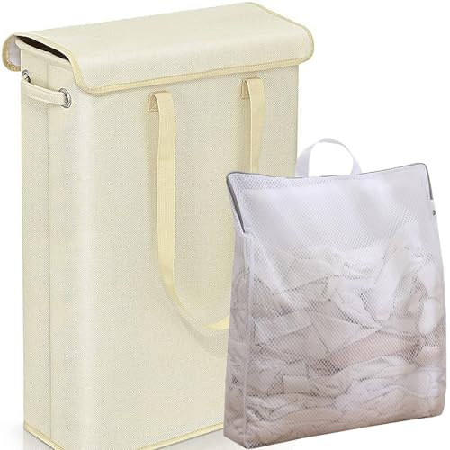 RETSAMV Foldable Wäschekorb Schmal mit Deckel 45L – Laundry Basket aus Leinenoptik mit Reißverschluss-Innenbeutel – für Schlafzimmer, Bad, Waschküche (White)