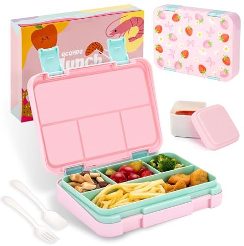 QCQHDU Bento Lunch Box for Kids with 4 Compartments，1300ml with a Set of Fork and Spoon Packed Lunch Box Adults and 1 Salad Dressing Containers，Boys Girls and Adults Work School