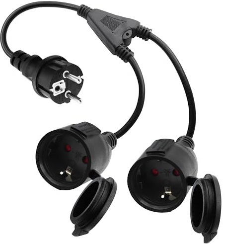 LANMINGLEL Cavo di prolunga corto Schuko 2 a 1, cavo di prolunga per esterni con spina, 3 x 1,5 mm², 16 A, 250 V, IP44, per casa, Y (nero diretto)