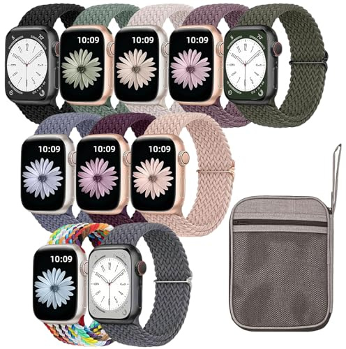 Lot de 10 bracelets extensibles tressés compatibles avec Apple Watch - 38 mm, 40 mm, 41 mm, 42 mm, 44 mm, 45 mm, 46 mm, 49 mm - avec étui de rangement pour iWatch Ultra Series 10 9 8 7 6 5 4 3 2 SE