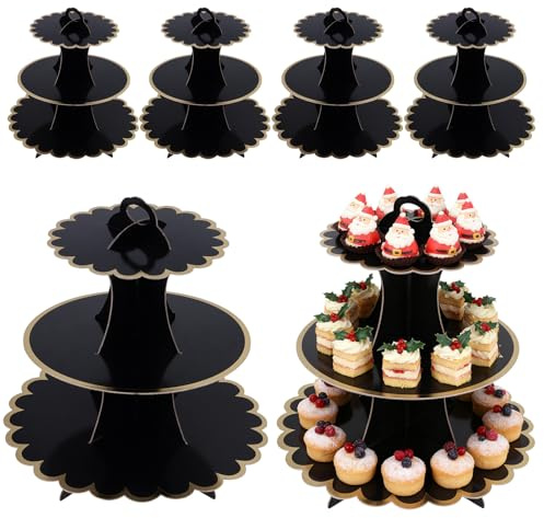 SYUTBOU 6 Stück Tortenständer Pappe Schwarz, 3 Etagen Cupcake Ständer aus Karton, Muffinständer für Cupcakes, Muffins, Hochzeit, Feierlichkeiten