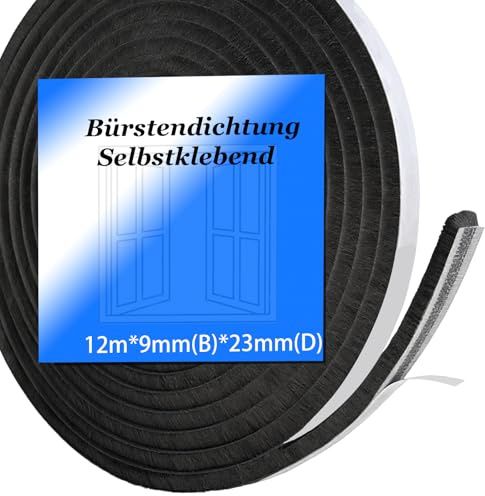 Junta de cepillo autoadhesiva, 12 m, 9 mm (ancho) x 23 mm (diámetro), para persianas, ventanas, puertas, puertas correderas, protección contra insectos, armarios, cepillo de puerta