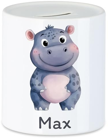 Kiddle-Design Spardose Kinder mit Namen Personalisiert, Tiermotiv Nilpferd Geschenk für Mädchen & Junge Geburtstag, Weihnachten, Geburt und Taufe - Sparschwein Geldgeschenk und Wunscherfüller
