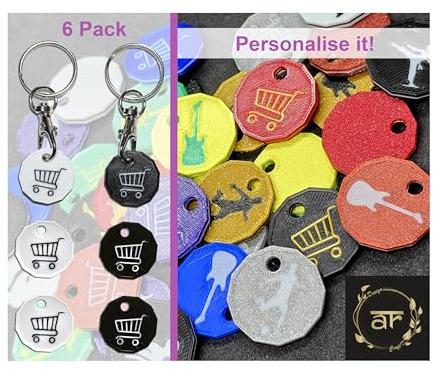 6 pack - Personalised Shopping Trolley Token with Clasp, UK Pound Coin shape keyring with durable clasp. Key Chain. AR Design & Crafts.