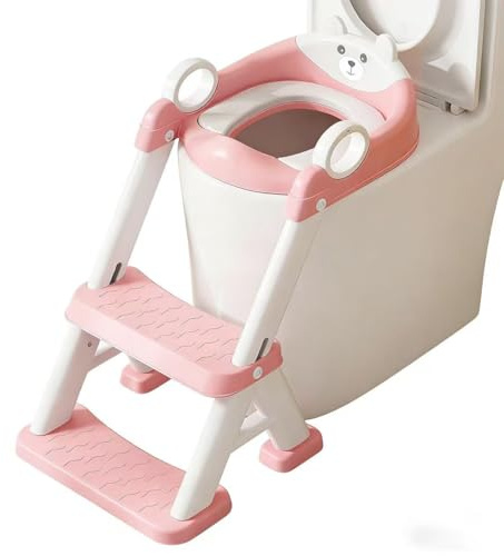 Toilettentrainer für Kinder für Jungen und Mädchen, 2 in 1 Kind Toilettensitz mit Treppe, Spritz und Rutschfestes Trittbrett, 6-stufig höhenverstellbar, PP/TPR/PVC Material(Rosa)
