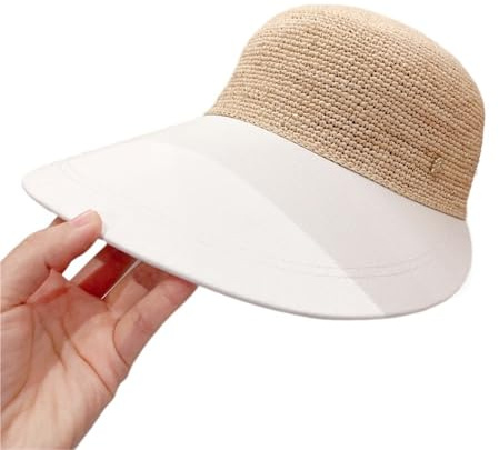 AKDJGFP Strohhut Sonnenhut Damen Raffia Stroh Patchwork Breite Krempe Schutz Stil Schirmmütze Sommer Pferdeschwanz Baseballmütze(White)