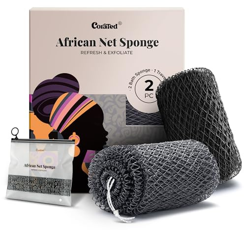 CORATED African Net Sponge Authentic, Shower Net with Knots Loofah Exfoliating Bath Sponge, Body Scrubber for Women Daily Use Body Care, Travel Portable Bath Accessories for Bathroom (Black & Grey)