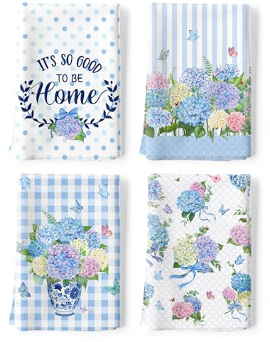 Arquiel Hortensia dekorativa kökshanddukar, 100 % bomull, snabbtorkande, trädgårdsblommor, kökshanddukar, 48 x 70 cm diskduk för kök, heminredning, inflyttningspresent, födelsedagspresenter för