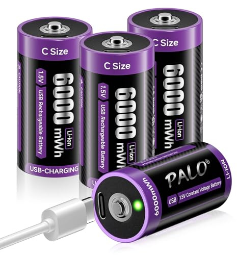 Mspalocell Pile Lr14 Rechargeable USB-C 1,5V 6000Mwh Pile C Lithium à Charge Rapide de Type C avec Câble de Charge, Faible Autodécharge, 1500+ Cycles, avec Lumière de Charge, 4 Piles