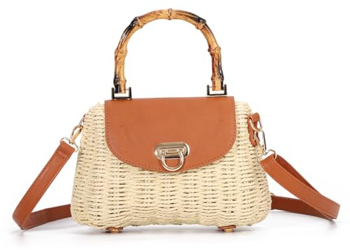 EVEOUT Stroh Umhängetasche Damen Chic Weidengeflecht Korb Handtasche mit Griff & Schulterriemen Geflochten Rattan Tasche für Sommer Strand Alltag