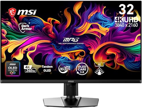 MSI MPG 322UR QD-OLED X24 32 Monitor UHD 4K (3840 × 2160), pannello QD-OLED Tandem, 240 Hz, 0,03 ms, DarkArmor Film, Uniform Luminance, AI Care Sensor, HDMI 2.1, DisplayPort 2.1a, USB-C 98W PD, suppo