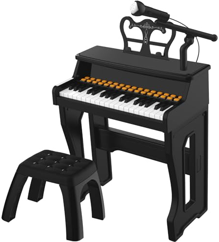 Kinder Klavier Keyboard Spielzeug, Kleinkind elektronische Musikinstrument Lernspielzeug mit Mikrofon und Hocker, Weihnachten Geburtstag Geschenk für 3+ Jahre alt (schwarz)