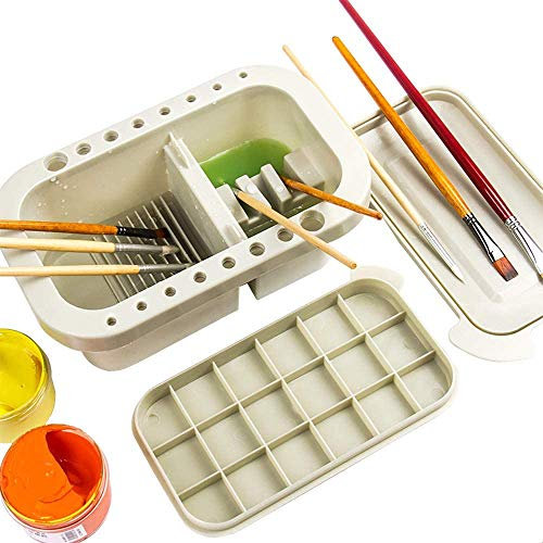 Higotech Paint Brush Washer Basin, 3-in-1 Artist Paint Brush Cleaner Pot with Brush Holder, Mixing Tray and Palette Box for Watercolor and Oil Painting Brush Cleaning and Drying