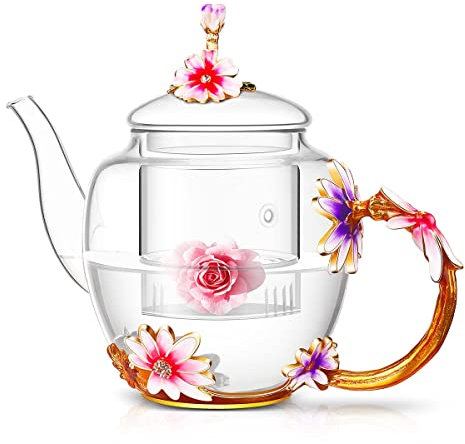 Luka Tech - Théière en verre émaillé avec infuseur amovible de thé en vrac - 1,4 litre - Cadeau pour femme, maman, fête des mères, Noël, anniversaire, Saint-Valentin