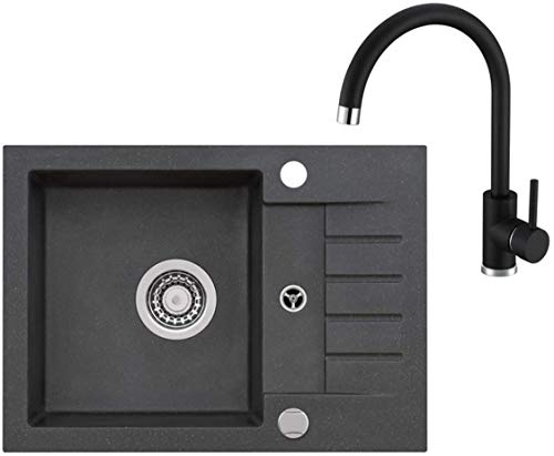VBChome Spüle mit Armatur 58 x 42 cm Schwarz Spültischarmatur Granit Einzelbecken Einbauspüle gesprenkelt reversibel Verbundspüle Siphon Drexexcenter Wasserhahn Einhebel