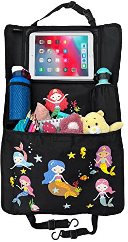 HECKBO 1x Organizer Sedile Posteriore Auto per Bambine con Scomparto Regolabile Tablet fino a 20'' con Pellicola Touch - Sirenette - Universale - 70x45cm - Tasca Termica + Tasca a rete