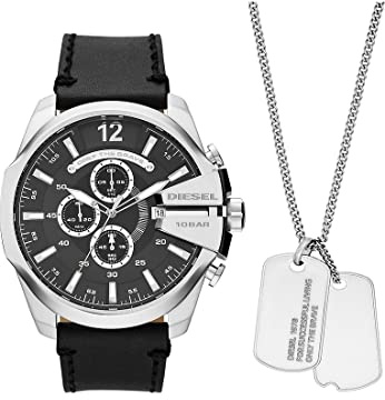 Diesel Montre pour homme Mega Chief, mouvement chronographe, boîtier en acier inoxydable argenté de 51 mm avec bracelet en cuir, DZ4559