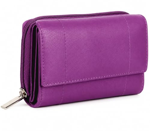 Woodland Leathers Purses for Women, Real Leather RFID Protection Small Purse Wallet with Card and Zip Coin Pockets (Purple)