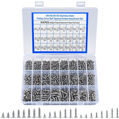 815 Stk M3 M4 M5 selbstschneidendes Holzschrauben Sortiment Set, Edelstahl Kreuzschlitz Bohrschrauben, Flachkopf und Selbstbohrende Schrauben für Blech (405 x Rundkopf, 410 x Flachkopf) (Silber)