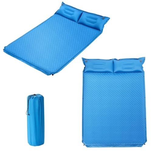 KOMFOTTEU Colchoneta Autoinflable para 2 Personas, Colchón de Camping Plegable con 2 Almohadas Inflables y Bolsa Portátil, Esterilla Hinchable de PVC Portátil, para Senderismo Viajes (Azul)