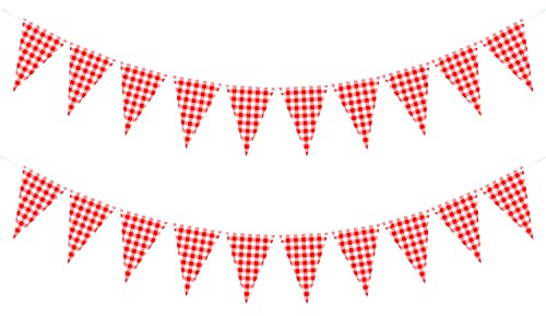 VILIFEVER 2 Pieces Red and White Checkered Banner, Double Sided Red Gingham Pennant Banner for BBQ Picnic Theme Baby Shower Birthday Party Decorations Supplies