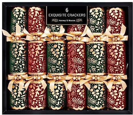 YöL 6 Exquisite Flock Christmas Crackers - Deluxe Premium Red Green Gold Foliage Design, Xmas Dinner Party Celebration Recyclable