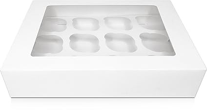 FALGUN 10 x Premium White 12 Hole Cavity Cupcake Boxes with Window and Inserts - (Rounded Inserts)