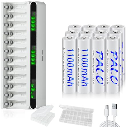 Mspalocell Pack de 12 Pilas Recargables AAA de 1100 mAh con Cargador, USB Type-C 5v2A Pantalla LCD Cargador Rápido con 12 Ranuras para Pilas Recargables NiMH de 1,2 V AA AAA